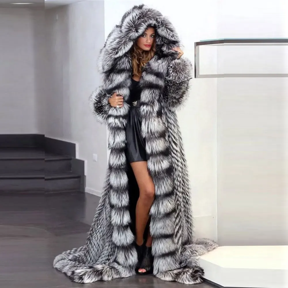 Модное зимнее меховое пальто из натуральной лисы женское натуральная черно-бурая лиса Женское пальто из натуральной кожи длинное пальто с капюшоном для женщин