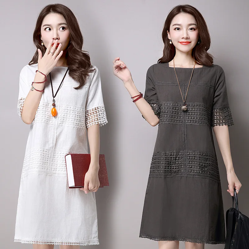 

2019 Korean-style WOMEN'S Wear Lace A- line Hollow out Elegant Slimming Mid-length Large Size Short Sleeve Cotton Linen Dress