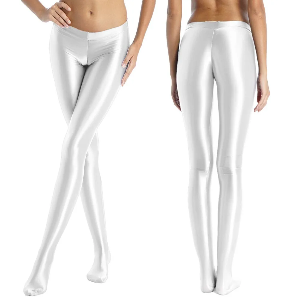 Sexy Women Glossy Stretchy Pantyhose Zipper Crotch Sport Fitness Rave Dance Tights Pants Mid Waist Leggings