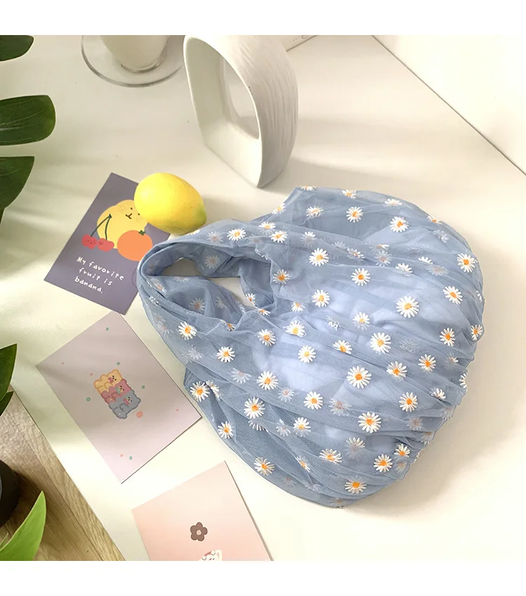

Daisy Embroidery Lager Casual Tote Handbag Transparent Tote Bag High Quality Eco Fruit Bag Sweet Mesh Bag Women Blue Pink Purse