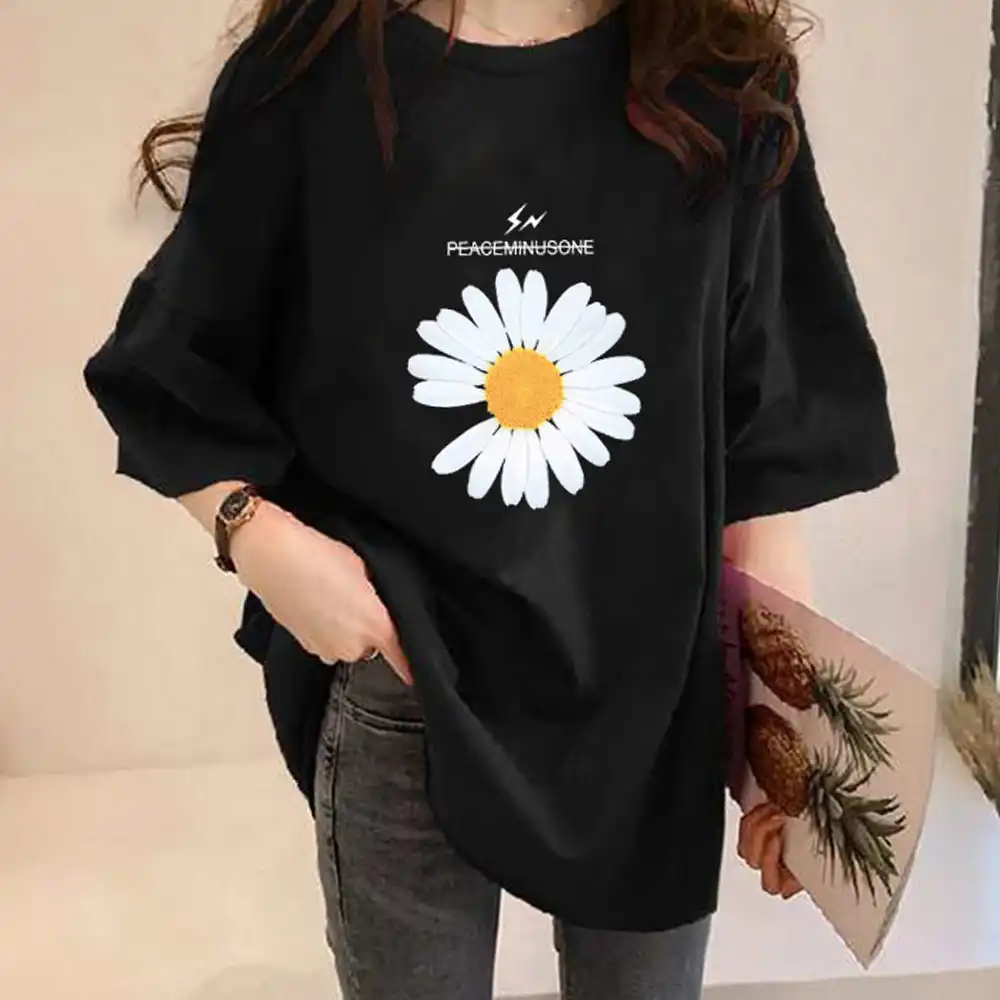 Ins Daisy T Shirt For Women Oversize Black White Round Neck Half Sleeve Summer Long Tops Tees Female Korean Streetwear Tshirts T Shirts Aliexpress