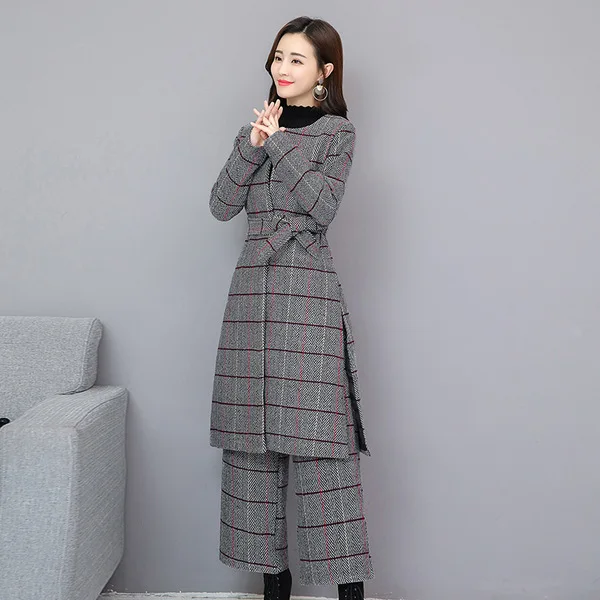 

Woolen Set Autumn And Winter New Style Kuotaitai Slimming Mid-length Plaid over-the-Knee-Style Woolen Overcoat Two-Piece Set