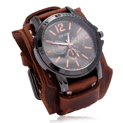 Men's Punk Style Retro Black Cowhide Strap Watch with Wide Leather Band and Big Dial三肖 (Retro Brown)