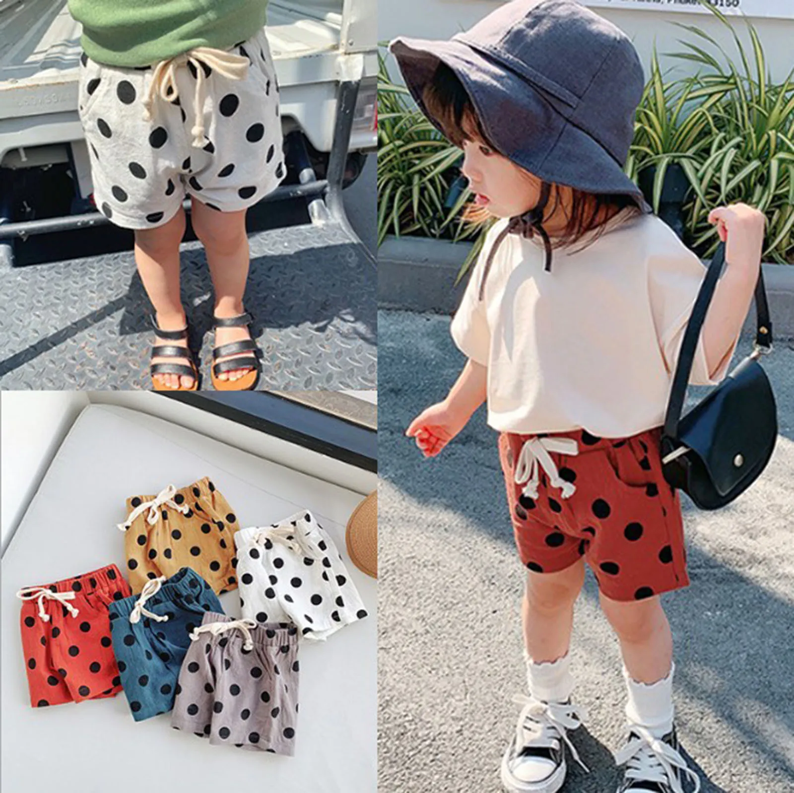 Telotuny Shorts Toddler Kids Baby Girls Boys Linen Pocket Polka Dot