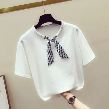 

White T-shirt Women Spring and Summer New Fashion Elegant Drawstring Silk Scarves T-shirt Women's Casual Short Sleeve T Shirt
