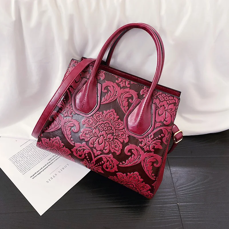 Китайский Стиль Для женщин Сумки из тиснёной кожи, сумка-тоут роза цветы Для женщин Курьерские сумки с верхней ручкой Винтаж сумка через плечо, женская сумка