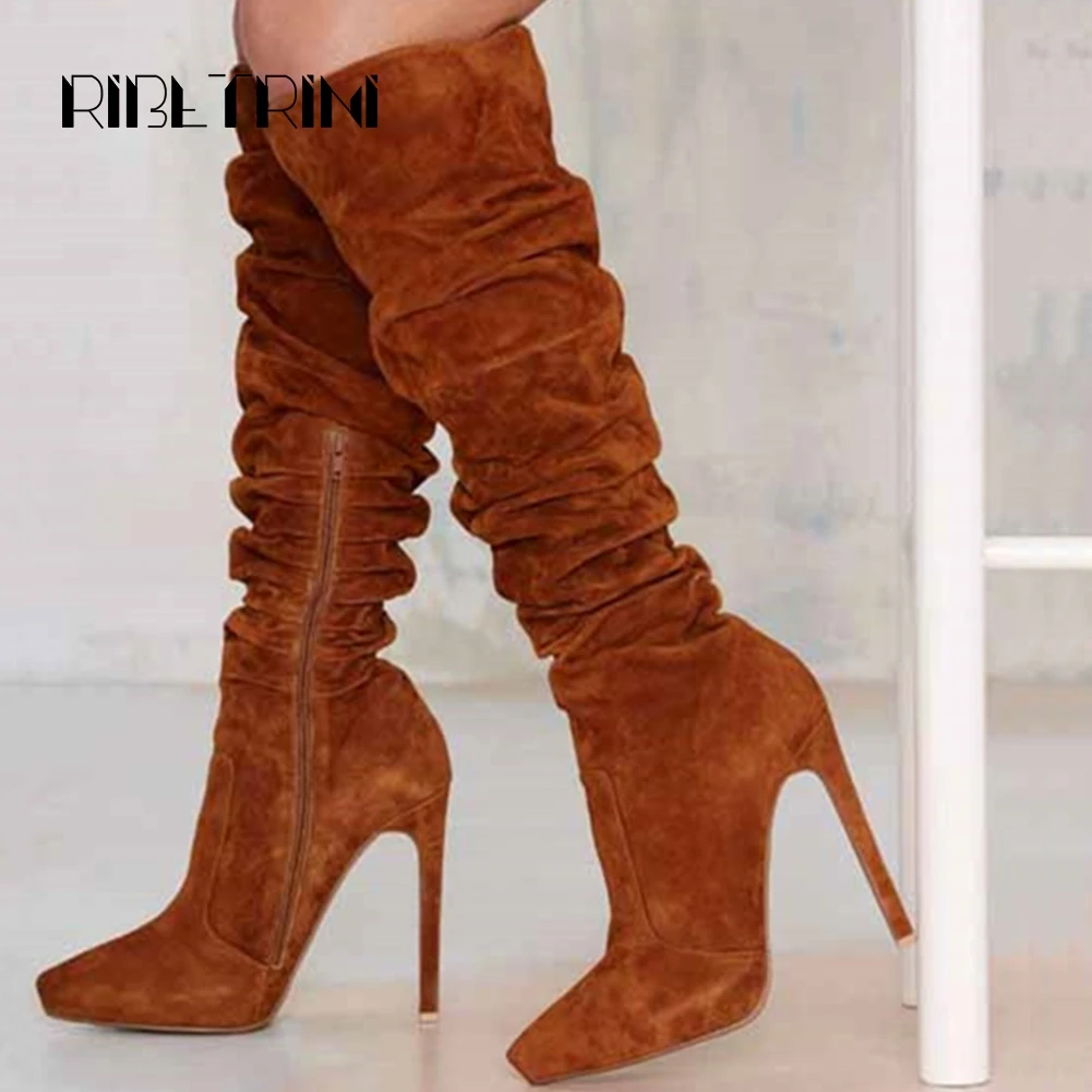 

RIBETRINI Women Knee Boots Sexy Stiletto High Heels Pointed Toe Less Platform Pleated Suede Shoes Woman Party Wedding Boots