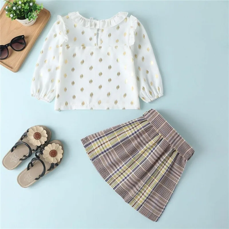 Осенняя одежда для маленьких девочек; детская блузка в Корейском стиле с оборками и круглым вырезом; рубашка; клетчатые мини-юбки; комплект одежды из 2 предметов