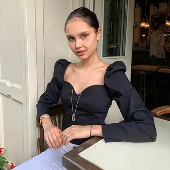 

Women New Fashion Long Puff Sleeve T-shirts Female Slim Bodycon T-Shirt Tees 3 Colors Solid Square Neck Crop Tops Ladies Clothes