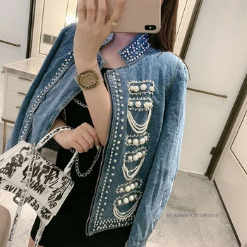 

Spring Denim Womens Jacket New Loose Long Sleeve High quality retro Pearls Diamonds Coat Female Autumn Streetwear Fashion NZY155