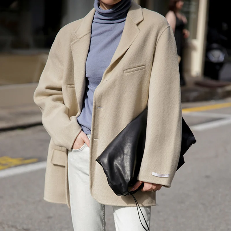 autumn and winter suit collar woolen coat female retro solid color handmade double-sided woolen coat
