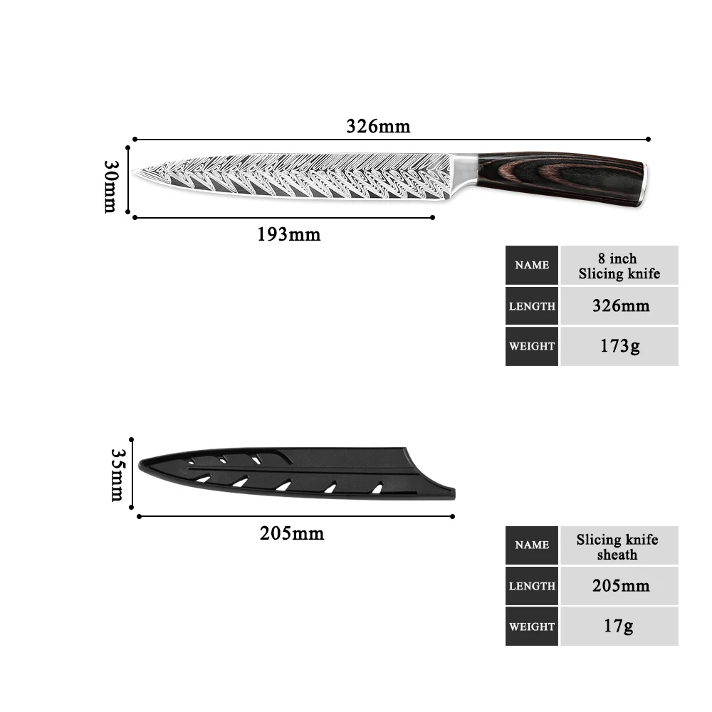 8 inch Slicing Цин высокоуглеродистой нержавеющей стали японский нож повара лазерный рыбий кости шаблон Дамасская сталь сантоку ножи мяса Кливер Gyutou - Цвет: 8 inch Slicing