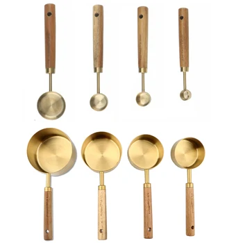 

Measuring Cups and Spoons Stainless Steel Setwith Wooden Handle for Kitchen Baking All Ingredients Measuring Gold