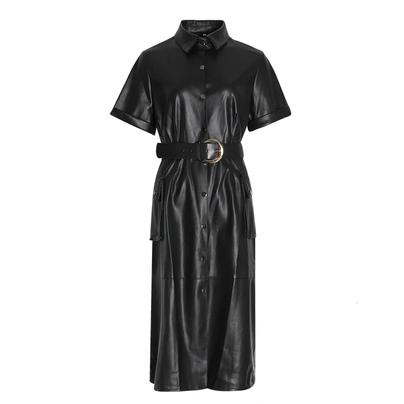 CHICEVER PU Leather Dress For Women Lapel Collar Short Sleeve High Waist Sashes Female Dresses Autumn Fashion New Clothes