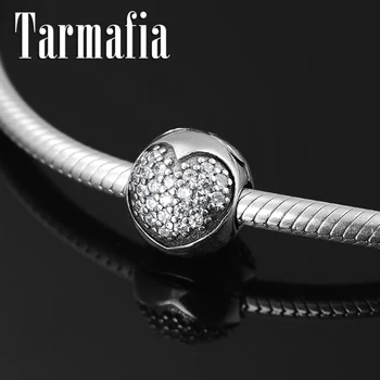 

Hot 925 Sterling Silver Heart area clear CZ fine Round clips lock Beads Fit Original European Charm Bracelet Jewelry making