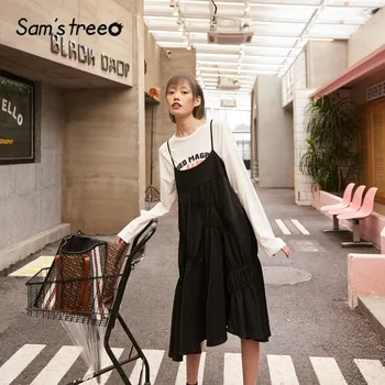 

SAM'S TREE Black Solid Irregular Pleated Chiffon Women Sling Dresses 2020 Spring Vintage Sleeveless Casual Ladies Daily Dress