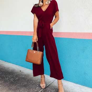 

Short Sleeve Wide Leg Pants Solid Jumpsuit Womens Deep V Neck Overalls Streetwear Spring Summer Lace Up Bandage Rompers