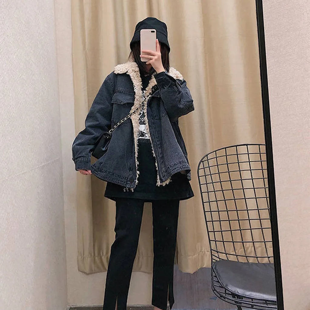 Womail Womens Coats Winter Turn Down Collar Thick Warm Long Denim Loose Cashmere Coat Outwear coat women Abrigo S-2XL