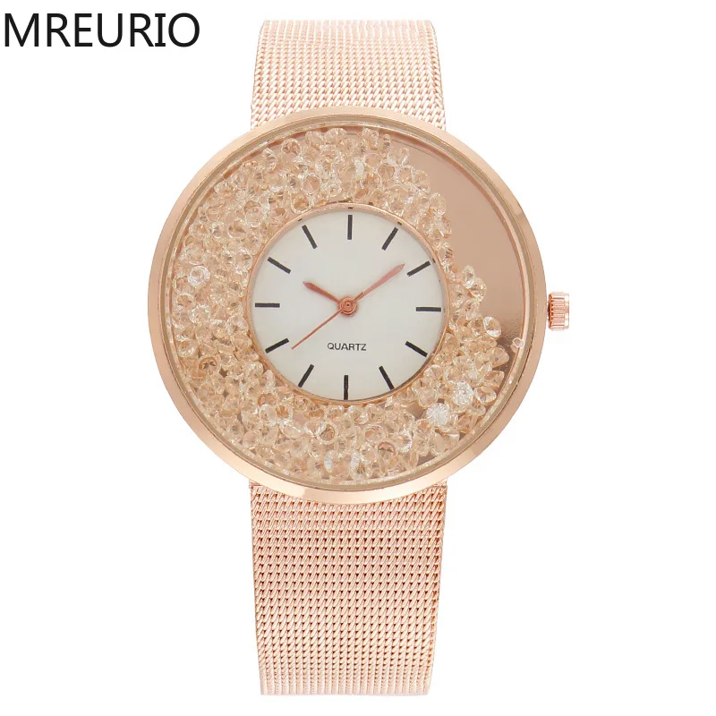 

MREURIO Women's Watch Fashion Flowing Diamond Big Dial Luxury Mesh Band Quartz Female Wristwatches for Ladies Best Selling Clock