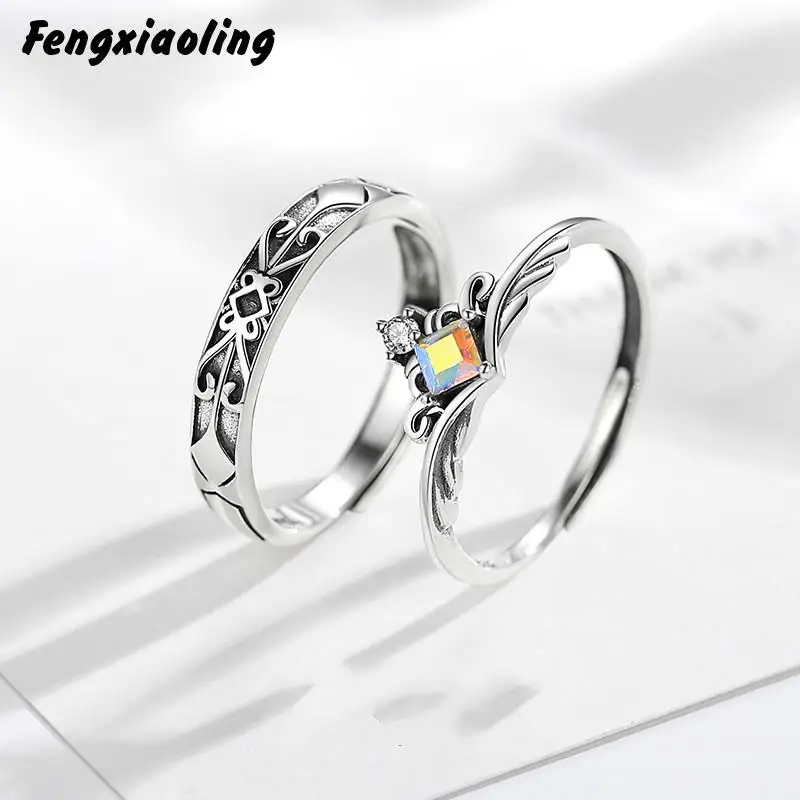 

Fengxiaoling 100% Genuine 925 Sterling Silver Exquisite Moonstone Couple Ring Knight Princess Wedding Bands Fine Jewellery 2020