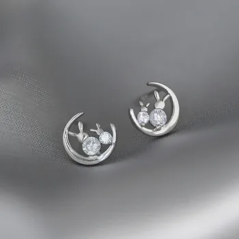 

LISM 925 Sterling Silver Minimalist Cute Rabbit On The Moon Stud Earrings For Women Engagement Party Jewelry