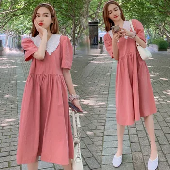 

Maternity wear summer new French retro lace stand collar dress fashion pregnant women solid color fresh pregnant women long dres