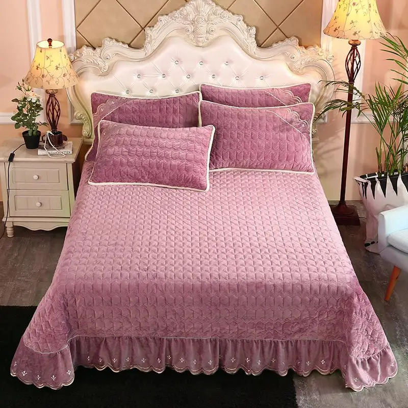 Super Soft Solid Quilted Bed Quilted Bedspread Bed Cover Winter style Warm Fleece Chic 250X250cm/250X270cm Bed spread Pillowcase - Цвет: Color 2