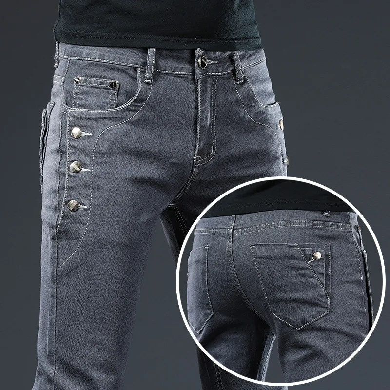 Yong-pantalones vaqueros rectos para hombre, Jeans informales de calidad, ajustados, color gris oscuro, novedad de 2020