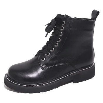 

Leather Ankle Boots Women Autumn Winter Low Heel Ladies Cross Strap Shoes G304 Woman Round Toe Black Zipper Sewing Short Boots