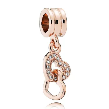 

2020 New 925 Sterling Silver Rosegold Interlocking Heart CZ Dangle Pendant Charm Fit Original Pandora Bracelet Women DIY Jewelry