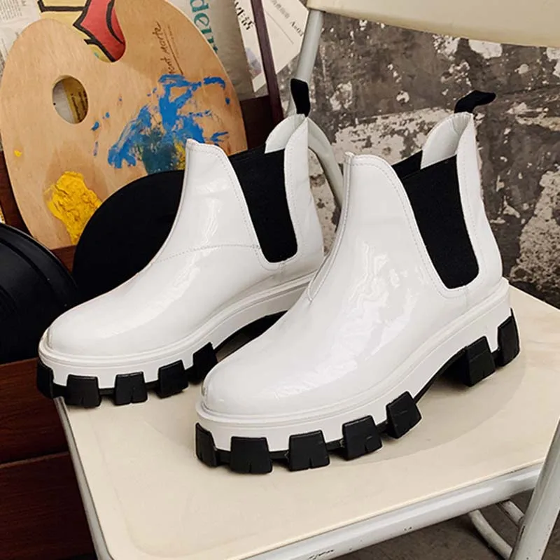 Luxury Design Ankle Boots Women Round Toe Black White Real Leather Thick Bottom Platform Boots Ladies Chelsea Boots