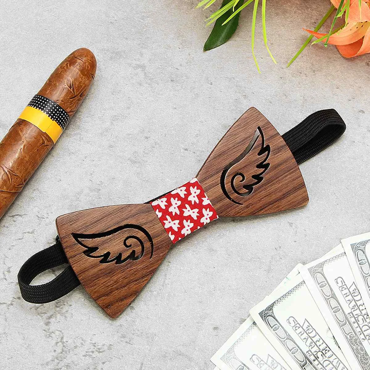  Wood Tie brooch Handkerchief Set Men's Bowtie Wood Hollow carved cut out Wings design + Gift Box Fa