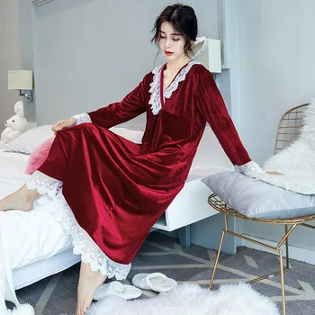 

V-neck Lace Winter Sleepwear For Female Burgundy Velvet Nightgown Keep Warm Nightdress Homewear Full Sleeve Home Clothing