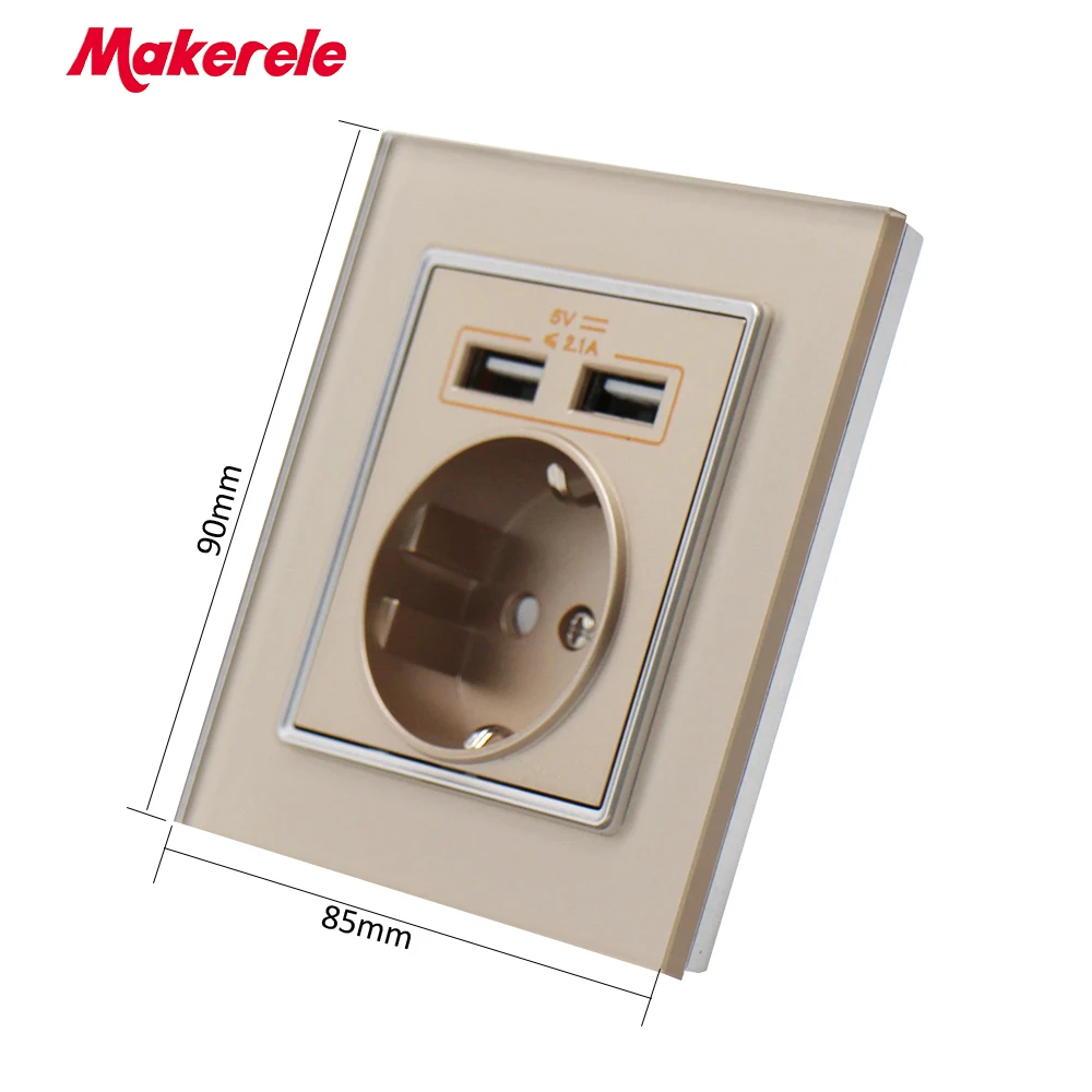 Настенная розетка Makerele 16A стандарт ЕС с 5V 2.1A 2USB портами PC Панель из стеклянного сплава