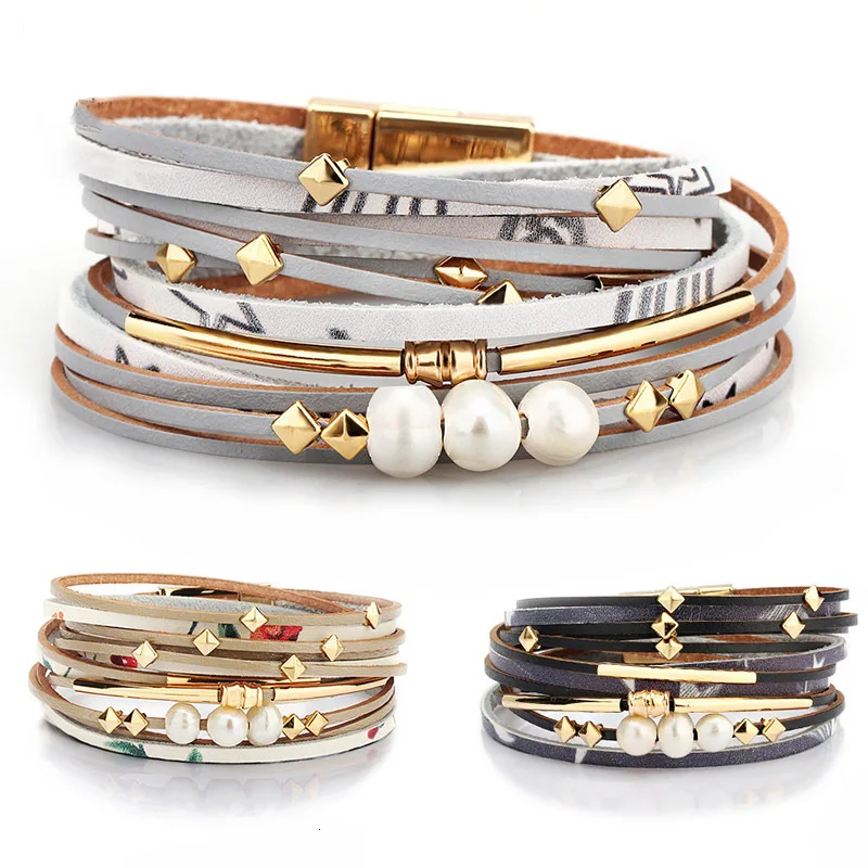 2020 Braid Leather Bracelet For Women Fashion Alloy Magnetic Buckle Multilayer Wrap Female Pearl Bangle Jewelry Gift | Украшения и