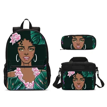 

3Pcs/Set Portfolio School Bag For Girls Boys Floral Black Art African Girl 3D Printing Backpacks Ice Bag Bookbag Mochila Escolar