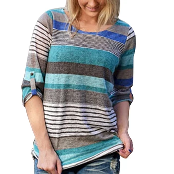 

Fashion Women Blouse Casual 3/4 Sleeves Daily Autumn Loose Spring Striped Soft Tops Shirt Irregular Hem Round Neck