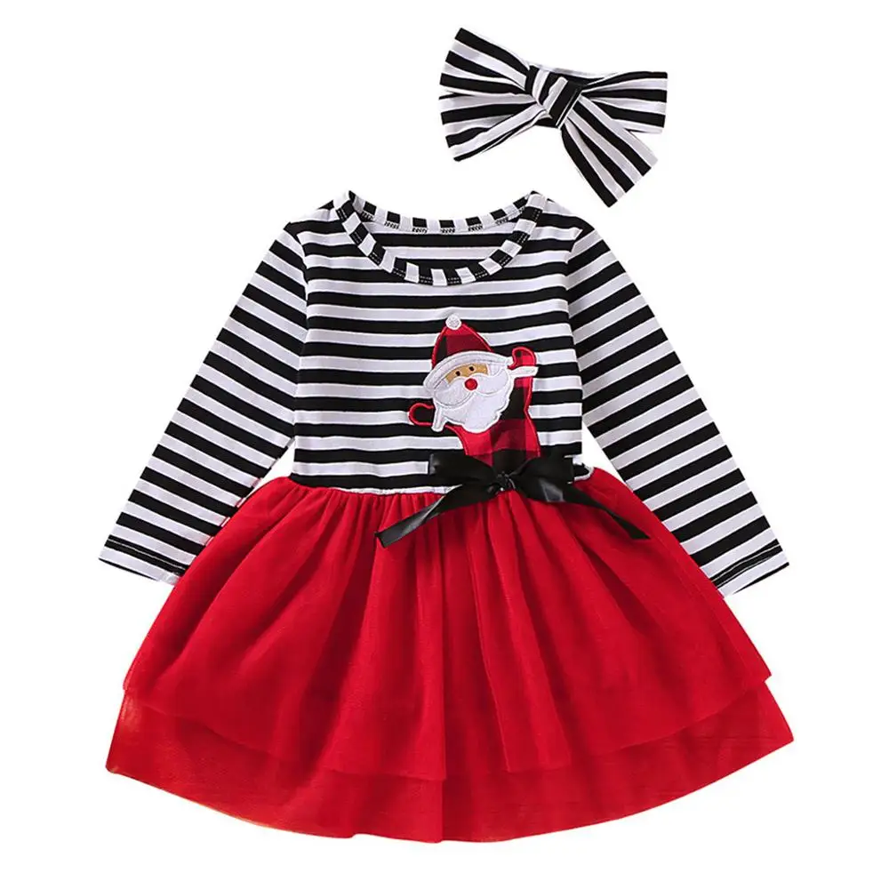 Платье для малышей Рождественская одежда в полоску с принтом Санты для маленьких девочек кружевное платье с фатиновой юбкой и длинными рукавами+ повязка на голову,#35
