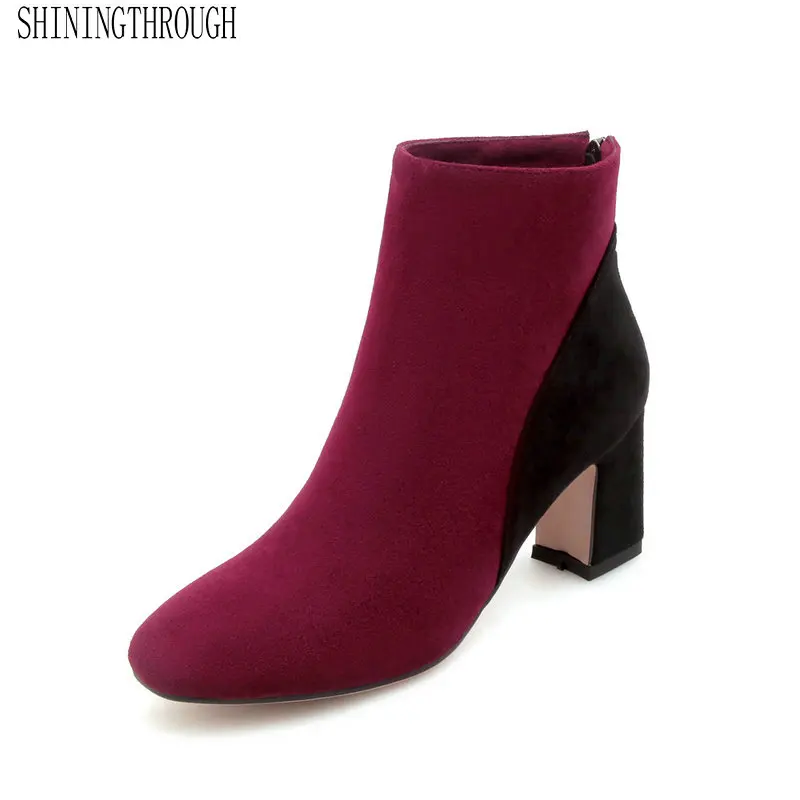 

2020 Flock Warm Autumn Winter Fashion Women Shoes Zipper Square Toe Thick High Heel Concise Ankle Boots Size 34-43