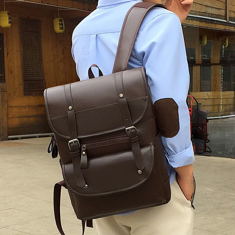 Fashion Vintage PU Leather Backpack Unisex Student Bagpack Laptop 15.6 Notebook Teenager Waterproof Bag Pack Women Men Male Bags 3