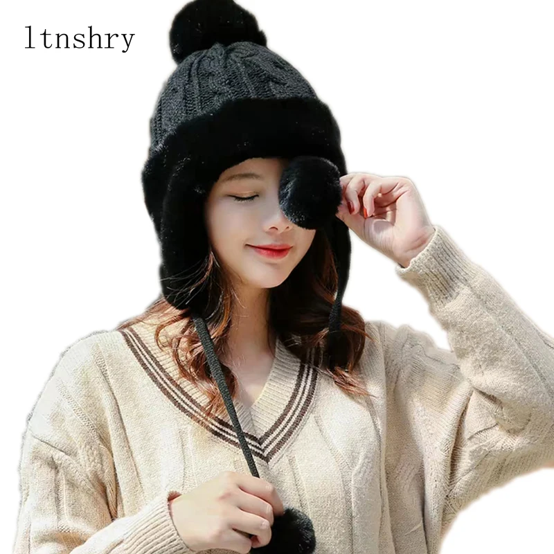 

Women Winter Beanies Hat with Ears Flaps Thick Fleece Warm Rabbit Fur Pompom Cute Hat Cold Knitted Beanies Skullies Casual Hat