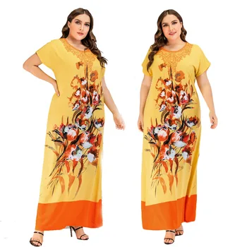 

Plus Size Muslim Women Short Sleeve Maxi Dress Abaya Floral Print Casual Kaftan Vintage Dubai Prayer Long Robe Islamic Dresses