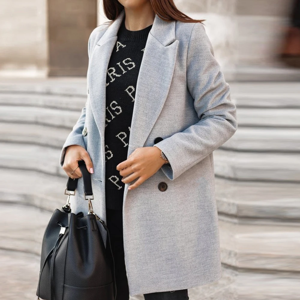 LASPERAL шерстяное пальто женское с длинным рукавом с отложным воротником Верхняя одежда куртка Повседневная осень зима сплошной цвет повседневное пальто