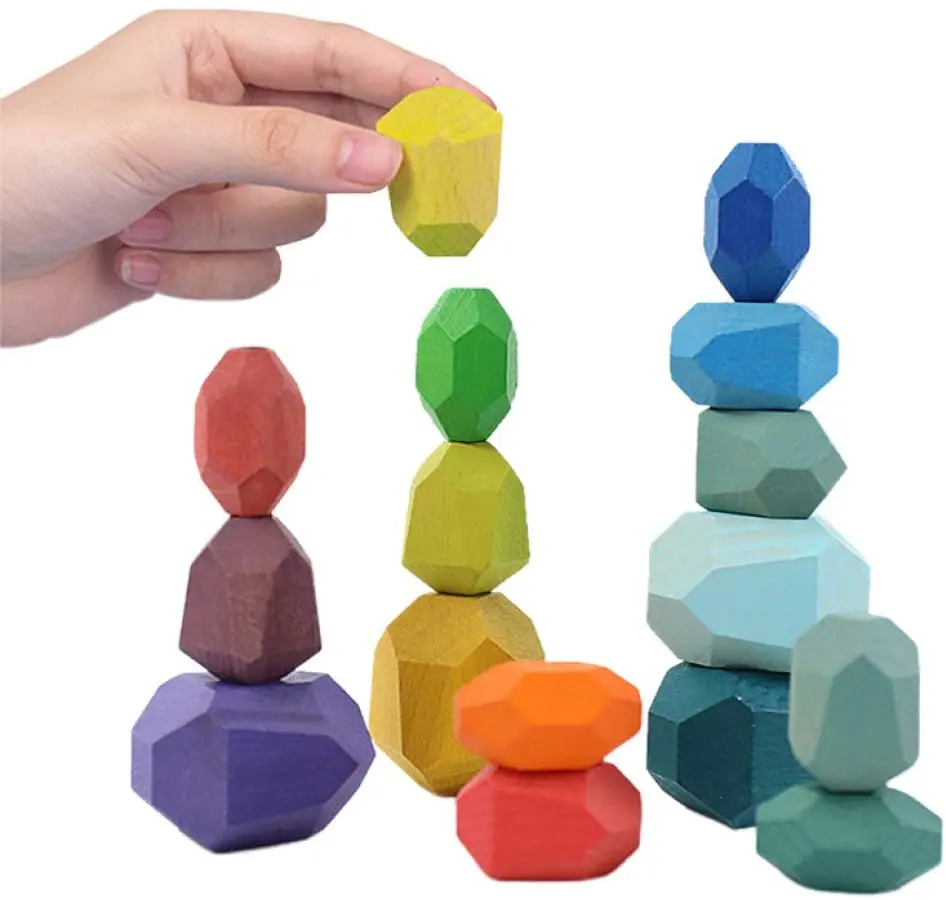 

Wooden Building Blocks Set Lightweight Natural Balancing Blocks Colored Wooden Stones Stacking Game Educational Puzzle Toy