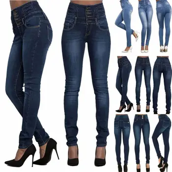 

High Waist Women Skinny Tight Long Jeans Pencil Stretch Denim Pants Trousers New