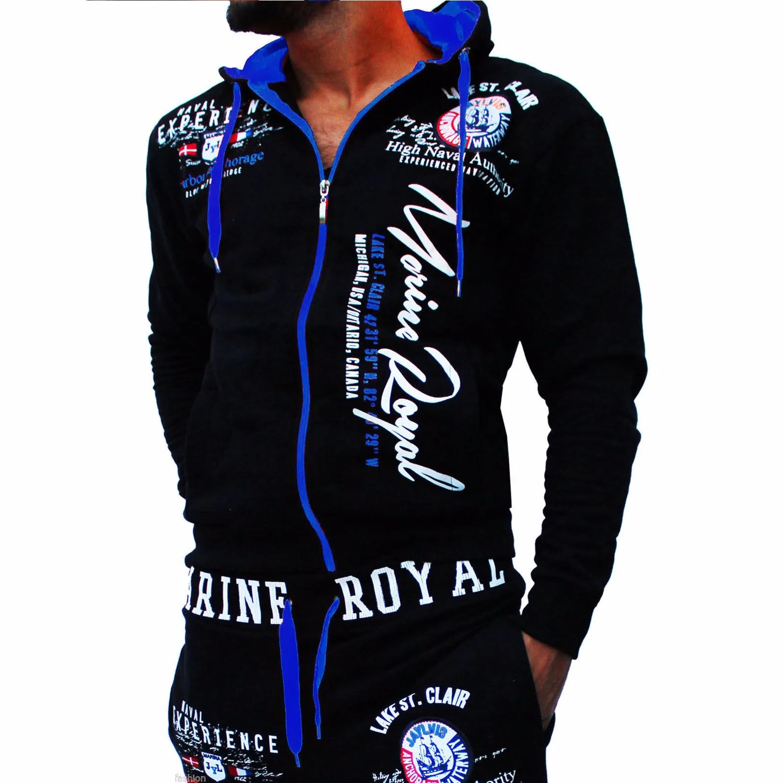 royal blue Zogaa, повседневные мужские спортивные костюмы, толстовка с капюшоном+ штаны, комплект из 2 предметов, мужской спортивный костюм на молнии с буквенным принтом, спортивные костюмы, комплекты - Цвет: royal blue