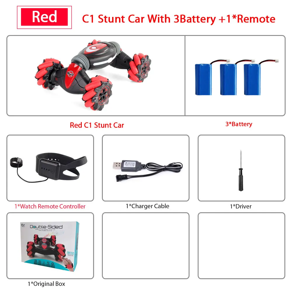 Remote Control Stunt Car Gesture Induction Twisting Off-Road Vehicle Light Music Drift Dancing Side Driving RC Toy Gift for Kids - Color: RED 1Remote 3B