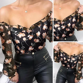 

Women Long Sleeve Off Shoulder Frill Design Floral Print Blouse
