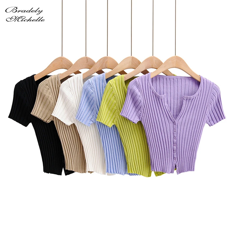 BRADELY MICHELLE Women Fashion Streetwear Short-Sleeve Cardigans with Single Breasted Big Elastic Knitted Thin Sweater Crop Tops |