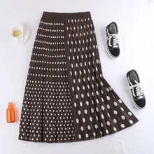 Черно-коричневая Гибкая эластичная юбка миди с высокой талией, отделанная линией, теплая трикотажная юбка для женщин, женские юбки в горошек, saia